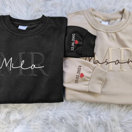 Embroidered Mr & Mrs Sweater, Personalised Wifey/Hubby Name Crewneck Sweatshirt, Custom Special Date on Sleeve Jumper, Wedding Day Gifts