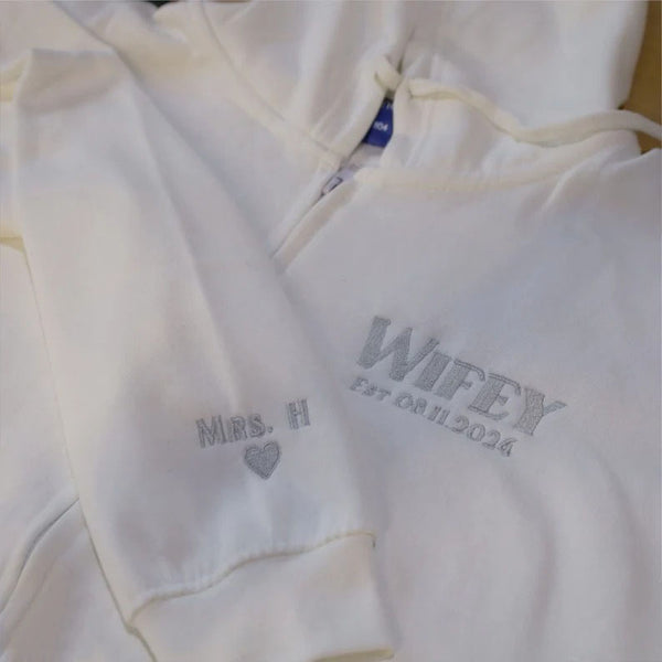 Custom Wifey Hoodie, Bride Embroidered Zip Up Hoodie, Personalised Date Jumper, Wifey Anniversary Hoody, Bridal Shower Gifts, Mrs Pullover