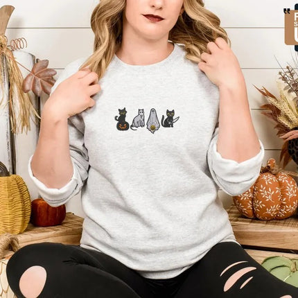 Spooky Cats Embroidered Sweatshirt, Halloween Ghost Black Cats Sweater, Vintage Fall Pumpkin Jumper, Cat Lovers Adults Halloween Outfit Gift