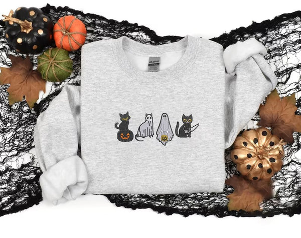 Spooky Cats Embroidered Sweatshirt, Halloween Ghost Black Cats Sweater, Vintage Fall Pumpkin Jumper, Cat Lovers Adults Halloween Outfit Gift