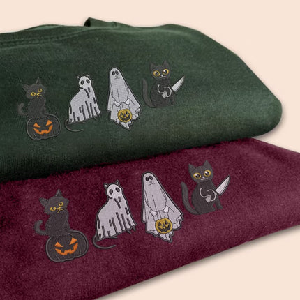 Spooky Cats Embroidered Sweatshirt, Halloween Ghost Black Cats Sweater, Vintage Fall Pumpkin Jumper, Cat Lovers Adults Halloween Outfit Gift