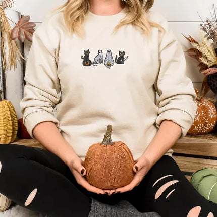 Spooky Cats Embroidered Sweatshirt, Halloween Ghost Black Cats Sweater, Vintage Fall Pumpkin Jumper, Cat Lovers Adults Halloween Outfit Gift