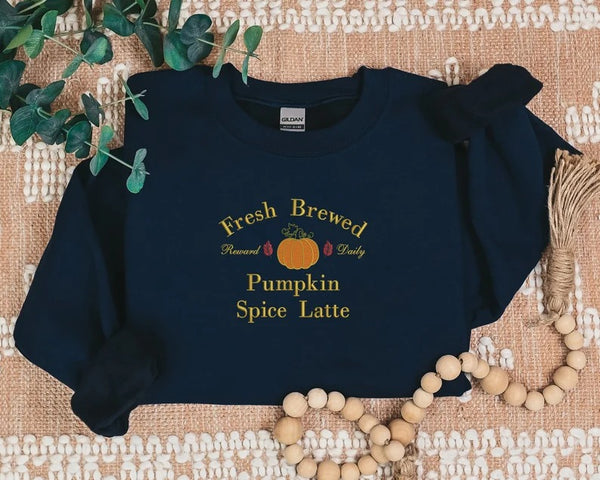 Pumpkin Spice Latte Sweatshirt, Halloween Pumpkin Embroidered Sweater, Vintage Autumn Fall Matching Jumper, Comfy Halloween Adults Outfits