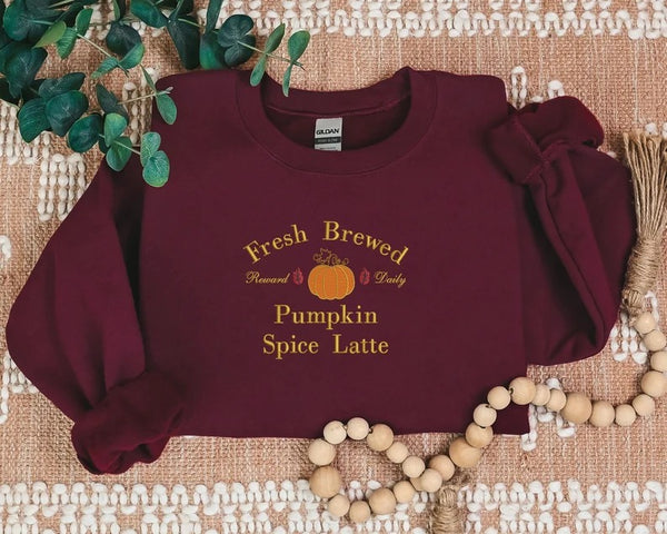 Pumpkin Spice Latte Sweatshirt, Halloween Pumpkin Embroidered Sweater, Vintage Autumn Fall Matching Jumper, Comfy Halloween Adults Outfits