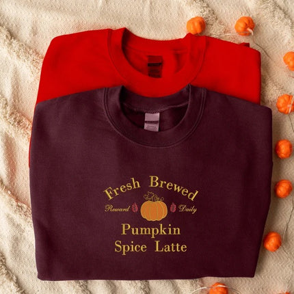 Pumpkin Spice Latte Sweatshirt, Halloween Pumpkin Embroidered Sweater, Vintage Autumn Fall Matching Jumper, Comfy Halloween Adults Outfits