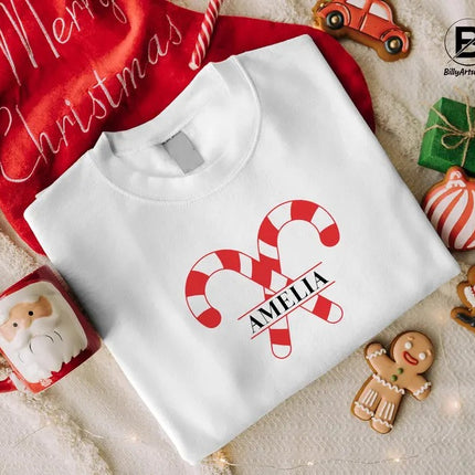 Custom Candy Canes Christmas Sweatshirt, Personlaised Name Xmas Sweatshirt, Couple Matching Xmas Printed Jumper, Christmas Party Clothing