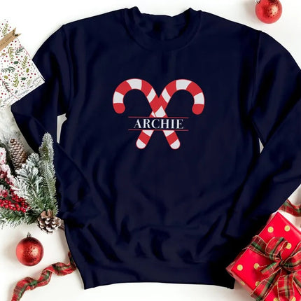 Custom Candy Canes Christmas Sweatshirt, Personlaised Name Xmas Sweatshirt, Couple Matching Xmas Printed Jumper, Christmas Party Clothing