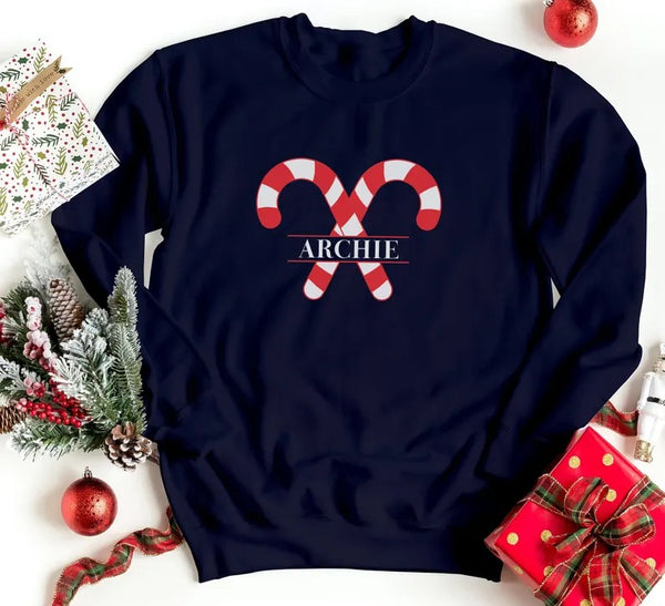 Custom Candy Canes Christmas Sweatshirt, Personlaised Name Xmas Sweatshirt, Couple Matching Xmas Printed Jumper, Christmas Party Clothing