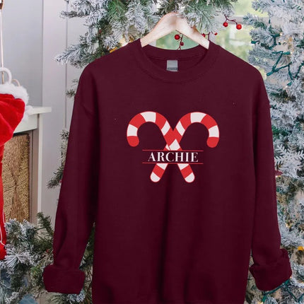 Custom Candy Canes Christmas Sweatshirt, Personlaised Name Xmas Sweatshirt, Couple Matching Xmas Printed Jumper, Christmas Party Clothing