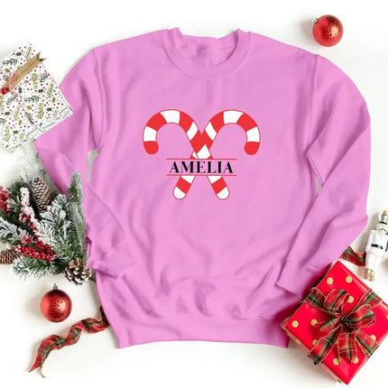 Custom Candy Canes Christmas Sweatshirt, Personlaised Name Xmas Sweatshirt, Couple Matching Xmas Printed Jumper, Christmas Party Clothing