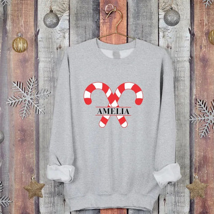 Custom Candy Canes Christmas Sweatshirt, Personlaised Name Xmas Sweatshirt, Couple Matching Xmas Printed Jumper, Christmas Party Clothing