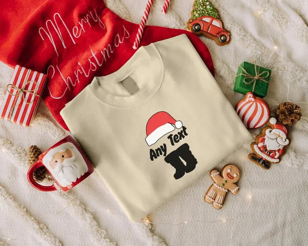 Custom Any Text Christmas Sweatshirt, Christmas Santa Hat & Shoes Printed Sweater, Xmas Eve Matching Jumper, Personalised Christmas Outfits