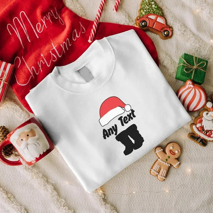 Custom Any Text Christmas Sweatshirt, Christmas Santa Hat & Shoes Printed Sweater, Xmas Eve Matching Jumper, Personalised Christmas Outfits