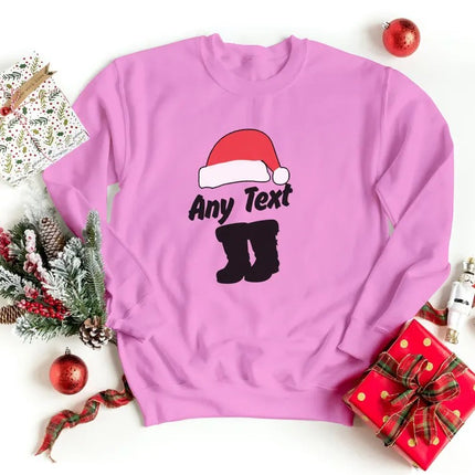 Custom Any Text Christmas Sweatshirt, Christmas Santa Hat & Shoes Printed Sweater, Xmas Eve Matching Jumper, Personalised Christmas Outfits