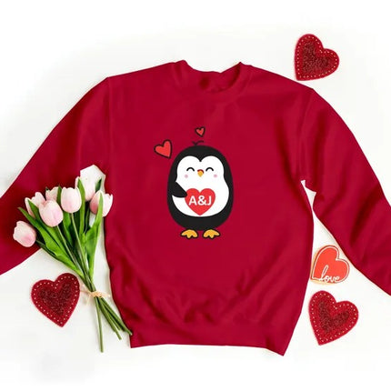 Cute Penguin Christmas Sweatshirt, Personalised Couple Initials Xmas Sweater, Christmas Animal Matching Jumper, Xmas Penguin Lovers Gifts