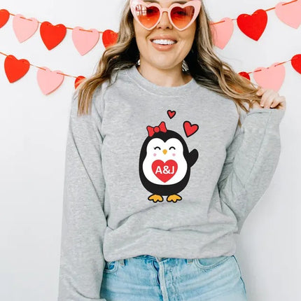 Cute Penguin Christmas Sweatshirt, Personalised Couple Initials Xmas Sweater, Christmas Animal Matching Jumper, Xmas Penguin Lovers Gifts