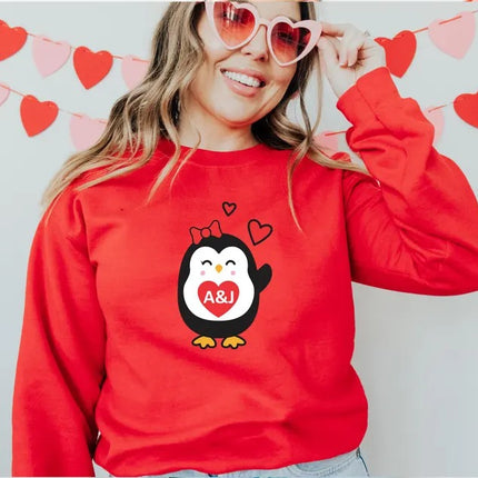 Cute Penguin Christmas Sweatshirt, Personalised Couple Initials Xmas Sweater, Christmas Animal Matching Jumper, Xmas Penguin Lovers Gifts