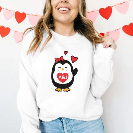Cute Penguin Christmas Sweatshirt, Personalised Couple Initials Xmas Sweater, Christmas Animal Matching Jumper, Xmas Penguin Lovers Gifts