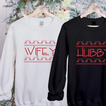 Christmas Couple Matching Sweatshirt, Wifey Hubby Xmas Holidays Sweater, Husband Wife Xmas Printed Jumper, Mr and Mrs 1st Christmas Gifts