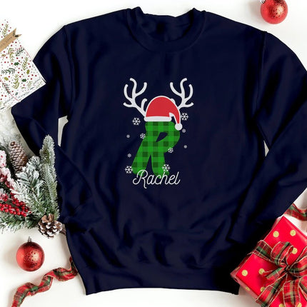 Custom Christmas Sweatshirt, Personalised Name & Initial Xmas Sweater, Buffalo Plaid Initial Printed Xmas Jumper, Best Christmas Party Gifts