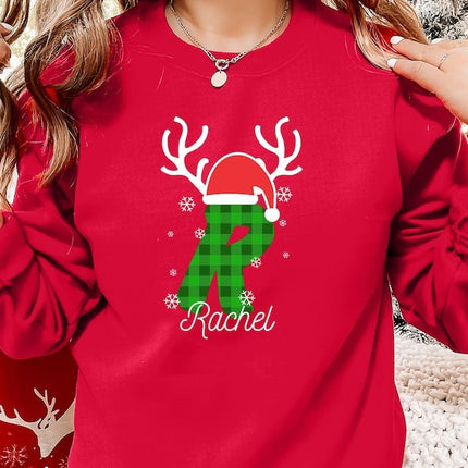 Custom Christmas Sweatshirt, Personalised Name & Initial Xmas Sweater, Buffalo Plaid Initial Printed Xmas Jumper, Best Christmas Party Gifts