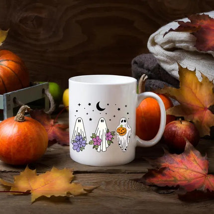 Cute Halloween Ghosts Mugs, Halloween Flowers Ghost Fall Coffee Mugs, Fall Birthday Gift For Sister, Ghost Lover Mugs, Girly Halloween Gifts