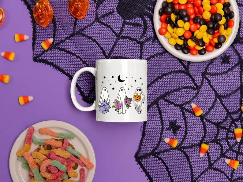 Cute Halloween Ghosts Mugs, Halloween Flowers Ghost Fall Coffee Mugs, Fall Birthday Gift For Sister, Ghost Lover Mugs, Girly Halloween Gifts