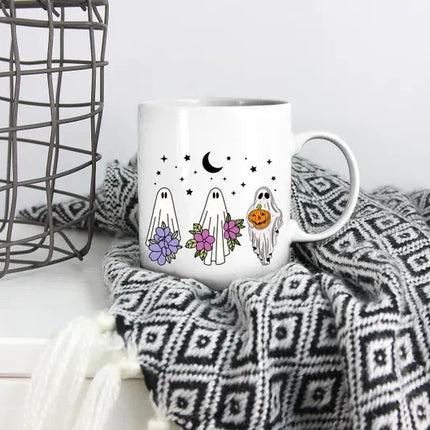 Cute Halloween Ghosts Mugs, Halloween Flowers Ghost Fall Coffee Mugs, Fall Birthday Gift For Sister, Ghost Lover Mugs, Girly Halloween Gifts