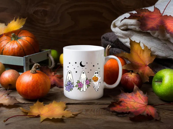 Cute Halloween Ghosts Mugs, Halloween Flowers Ghost Fall Coffee Mugs, Fall Birthday Gift For Sister, Ghost Lover Mugs, Girly Halloween Gifts