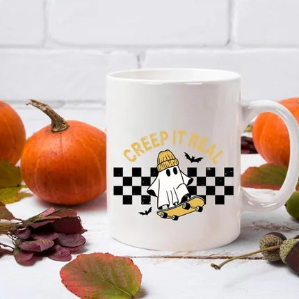 Halloween Ghosts Coffee Mugs, Creep It Real Halloween Printed Mugs, 11oz White Ceramic Cups, Ghost On Skateboard Cups, Fall Halloween Gifts