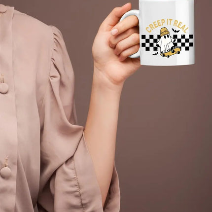 Halloween Ghosts Coffee Mugs, Creep It Real Halloween Printed Mugs, 11oz White Ceramic Cups, Ghost On Skateboard Cups, Fall Halloween Gifts