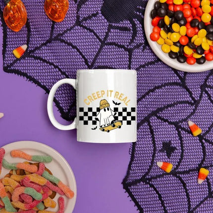Halloween Ghosts Coffee Mugs, Creep It Real Halloween Printed Mugs, 11oz White Ceramic Cups, Ghost On Skateboard Cups, Fall Halloween Gifts
