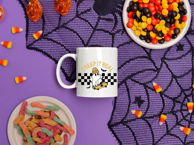 Halloween Ghosts Coffee Mugs, Creep It Real Halloween Printed Mugs, 11oz White Ceramic Cups, Ghost On Skateboard Cups, Fall Halloween Gifts