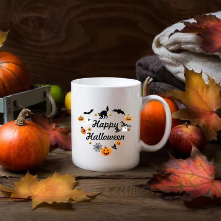 Happy Halloween Mugs, Halloween Doodles Heart Printed Mugs, 11oz White Ceramic Tea Cups, Family Matching Mugs, Fall Halloween Night Gifts