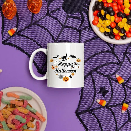 Happy Halloween Mugs, Halloween Doodles Heart Printed Mugs, 11oz White Ceramic Tea Cups, Family Matching Mugs, Fall Halloween Night Gifts