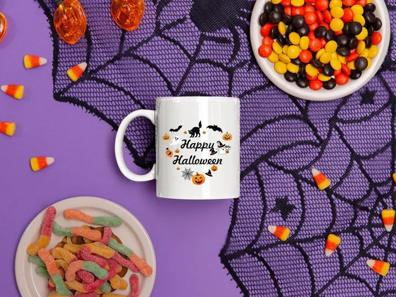 Happy Halloween Mugs, Halloween Doodles Heart Printed Mugs, 11oz White Ceramic Tea Cups, Family Matching Mugs, Fall Halloween Night Gifts