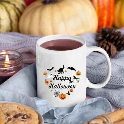 Happy Halloween Mugs, Halloween Doodles Heart Printed Mugs, 11oz White Ceramic Tea Cups, Family Matching Mugs, Fall Halloween Night Gifts