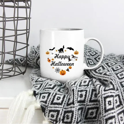 Happy Halloween Mugs, Halloween Doodles Heart Printed Mugs, 11oz White Ceramic Tea Cups, Family Matching Mugs, Fall Halloween Night Gifts