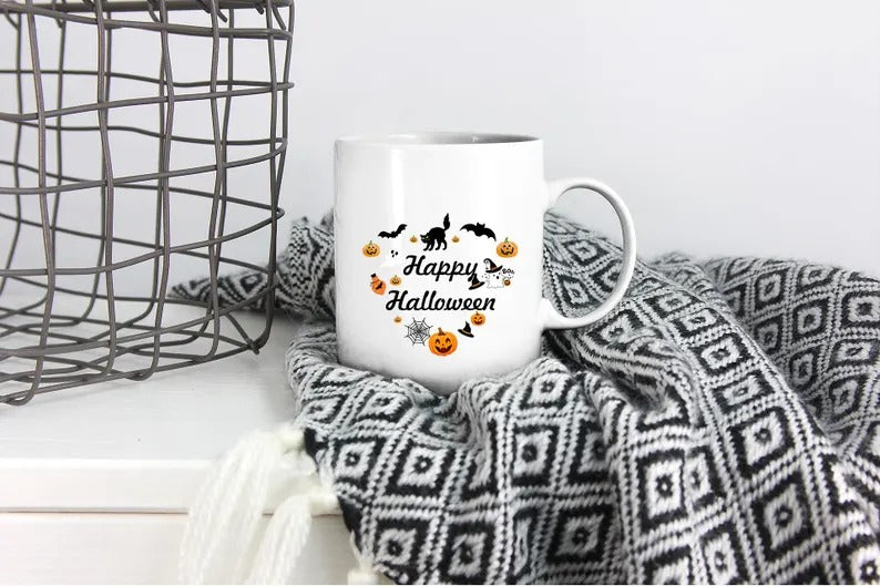 Happy Halloween Mugs, Halloween Doodles Heart Printed Mugs, 11oz White Ceramic Tea Cups, Family Matching Mugs, Fall Halloween Night Gifts