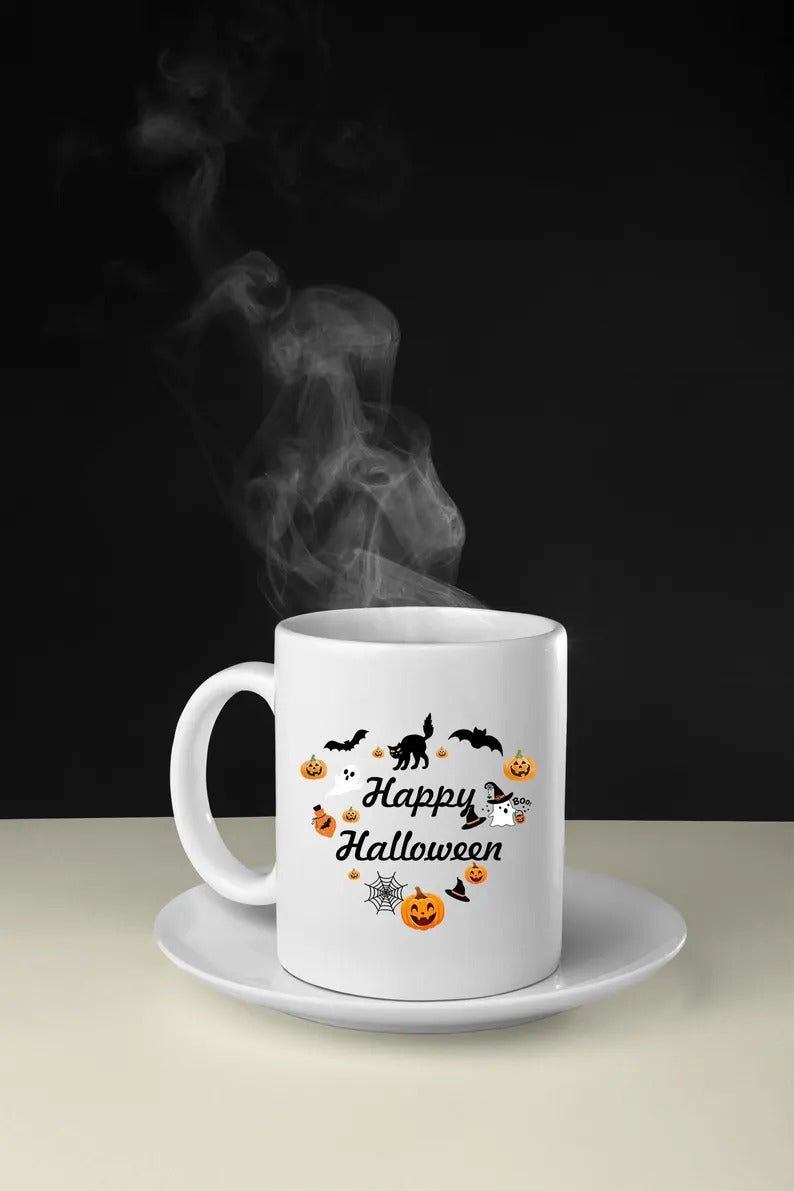 Happy Halloween Mugs, Halloween Doodles Heart Printed Mugs, 11oz White Ceramic Tea Cups, Family Matching Mugs, Fall Halloween Night Gifts