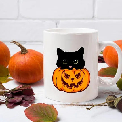 Cute Halloween Cat Printed Mugs, Cat Sneaking Halloween Pumpkin Coffee Mugs, Halloween Party Mug, Ice Coffee Mugs, Cat Lovers Halloween Gift