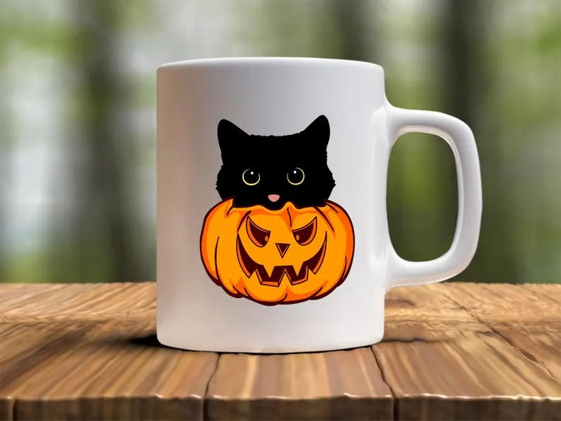 Cute Halloween Cat Printed Mugs, Cat Sneaking Halloween Pumpkin Coffee Mugs, Halloween Party Mug, Ice Coffee Mugs, Cat Lovers Halloween Gift