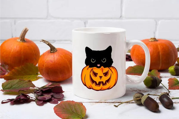 Cute Halloween Cat Printed Mugs, Cat Sneaking Halloween Pumpkin Coffee Mugs, Halloween Party Mug, Ice Coffee Mugs, Cat Lovers Halloween Gift