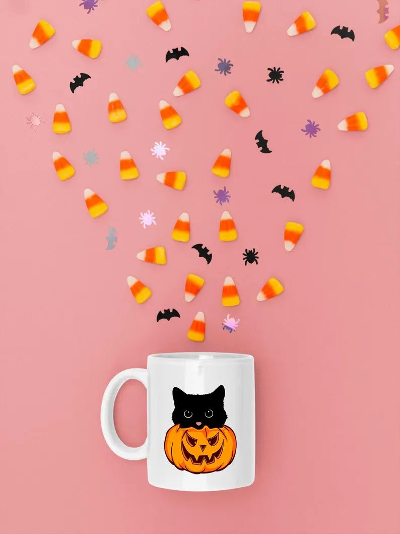 Cute Halloween Cat Printed Mugs, Cat Sneaking Halloween Pumpkin Coffee Mugs, Halloween Party Mug, Ice Coffee Mugs, Cat Lovers Halloween Gift