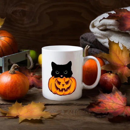 Cute Halloween Cat Printed Mugs, Cat Sneaking Halloween Pumpkin Coffee Mugs, Halloween Party Mug, Ice Coffee Mugs, Cat Lovers Halloween Gift