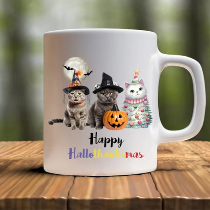 Happy Hallo Thanksmas Halloween Mugs, Witchy Cats Halloween Coffee Mugs, Vintage Cats Halloween Ceramic Tea Cups, Fall Mugs, Halloween Gifts