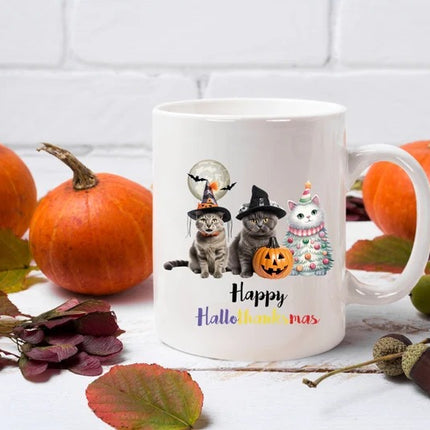 Happy Hallo Thanksmas Halloween Mugs, Witchy Cats Halloween Coffee Mugs, Vintage Cats Halloween Ceramic Tea Cups, Fall Mugs, Halloween Gifts