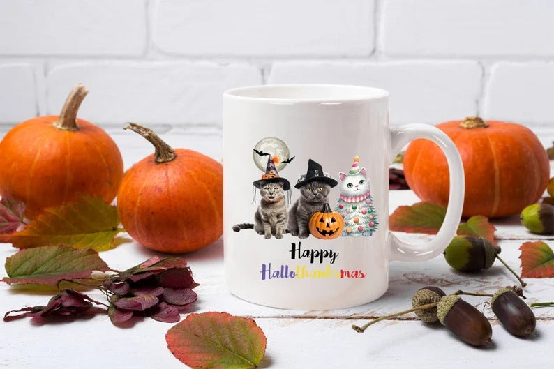 Happy Hallo Thanksmas Halloween Mugs, Witchy Cats Halloween Coffee Mugs, Vintage Cats Halloween Ceramic Tea Cups, Fall Mugs, Halloween Gifts