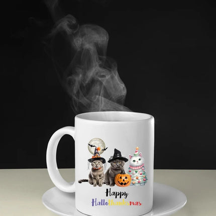 Happy Hallo Thanksmas Halloween Mugs, Witchy Cats Halloween Coffee Mugs, Vintage Cats Halloween Ceramic Tea Cups, Fall Mugs, Halloween Gifts