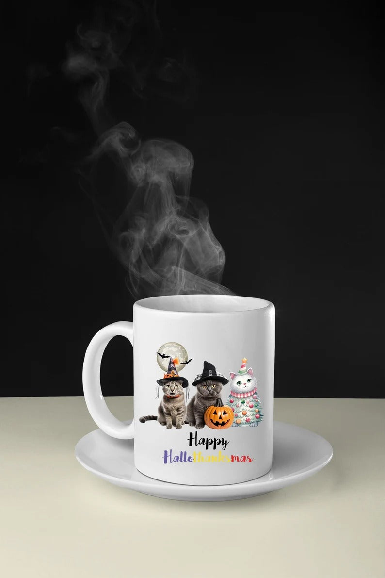 Happy Hallo Thanksmas Halloween Mugs, Witchy Cats Halloween Coffee Mugs, Vintage Cats Halloween Ceramic Tea Cups, Fall Mugs, Halloween Gifts